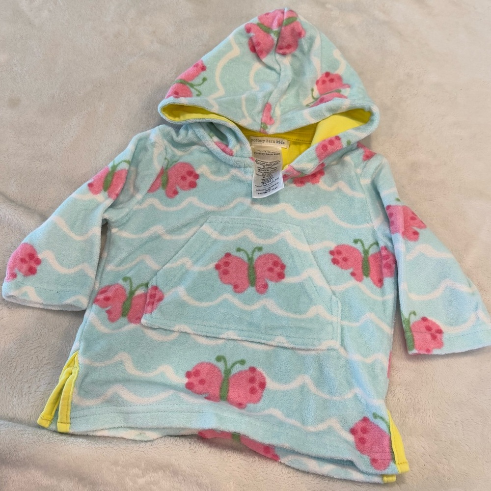 Pottery Barn toddler hoodie blue base pink butterflies white waves yellow trim